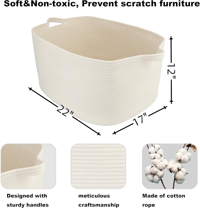 XUANGUO Large Rectangle Woven Cotton Rope Blanket Basket 22"x17"x12" White | Storage basket for nursery and living room; toy basket for kids, dog toy storage, or laundry basket for clothes and towels.