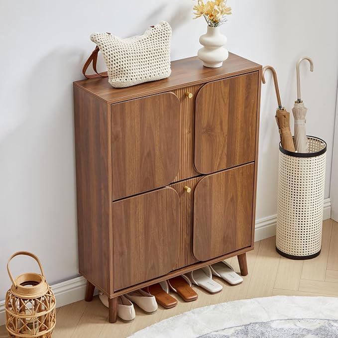 BERRYMERRY Shoe Storage Cabinet with 2 Flip Drawers with Fluted Recessed | narrow,entryway,16 pairs shoe,shoe organize,hidden shoe rack,fluted panel,wave pattern,wood,space saving