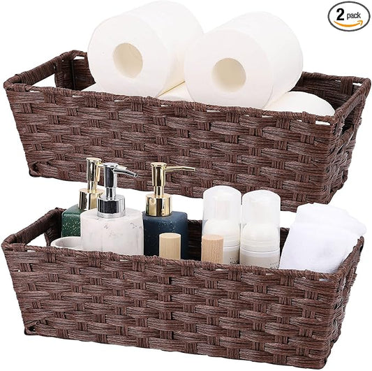 Onlytak Plastic Wicker Storage Baskets - Toilet Tank & Bathroom Baskets, Woven for Organizing, Brown, 15¾" x 6¾" x 4¾", 2-Pack