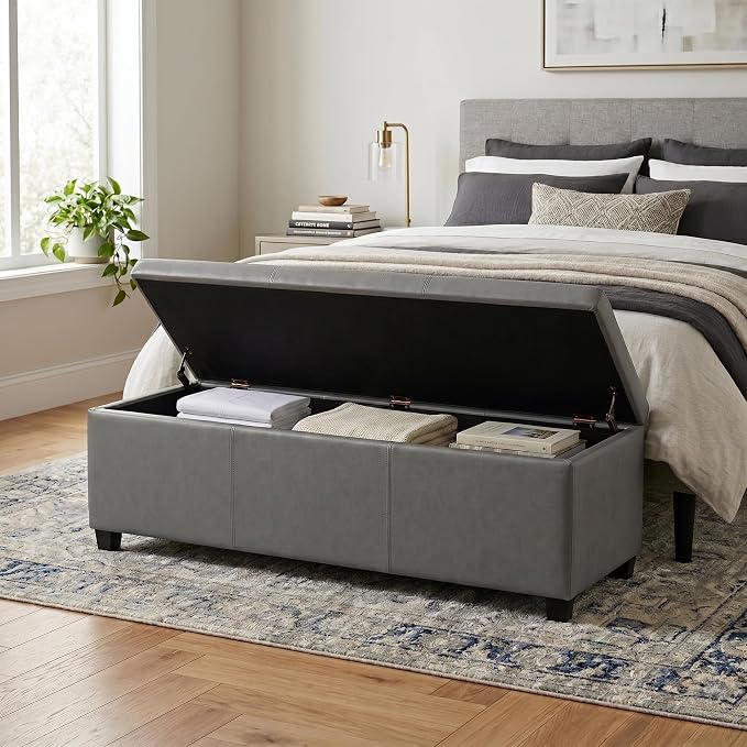 SIMPLIHOME Avalon Storage Ottoman Bench - 48" Wide x 16" High Upholstered Vegan Leather Rectangular Lift-Top Ottoman in Stone Grey, Contemporary Storage Bench for Living Room with High-Density Foam