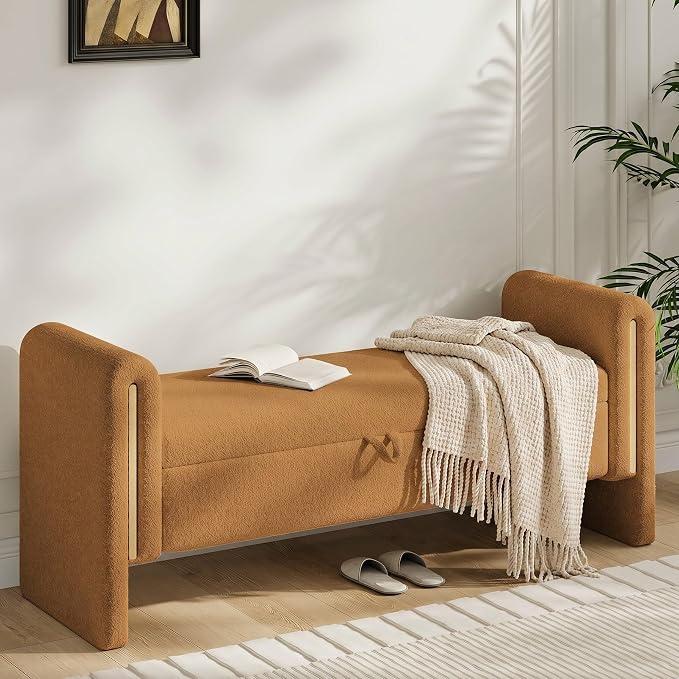 Storage Ottoman Bench, End of Bed Bench with Pull-Ring | 52" Teddy Upholstered, Window Bench with Armrest, Generous Storage, Safety Hinge, Holds 300 LBS, for Bedroom, Coffee