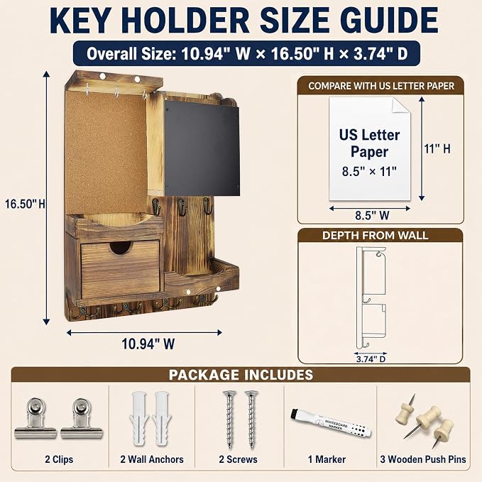 Key Holder Wall Mount， Mail Organizer Key Holder for Wall with Shelf, Drawer, Chalkboard, Corkboard, Home Decor Wall Mounted for Room Entryway(Natural Wood)