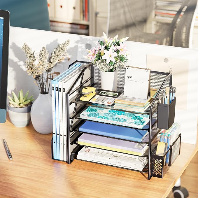 Simple Trending 5-Tier Desk File Organizer, Paper Organizer, Black | Adjustable Letter Trays, Pen Holder & File Shelf, Durable Steel Mesh, Space Saving, for Home Office, 17.5"L x 9"W x 13"H
