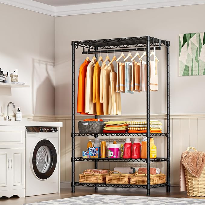 Ulif H4 Portable Closets, 4-Tier Metal Clothes Garment Rack for Bedroom and Cloakroom, Clothing Closet Storage and Organizer Wardrobe, 35.4" W x 14" D x 76.4" H, Black | Freestanding Clothing Closet Storage and Organizer Wardrobe for Apartment and Cloa...