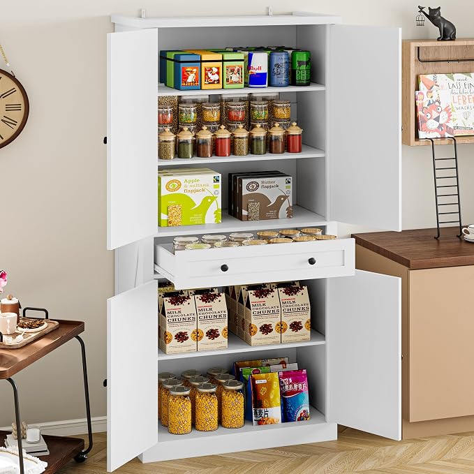 BORNOON Pantry Organizers and Storage Cabinet, 67.7” Barn Door White Kitchen Cabinet with Drawers and Adjustable Shelf, Tall Pantry for Kitchen, Dining Room, Living Room
