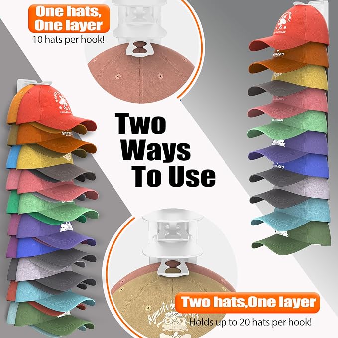 Hat Organizer for Baseball Caps Hold Up to 40 Hats, 2 Pack Hat Rack for Wall, Strong Adhesive Hat Storage Display Holder(White-2 Pack)