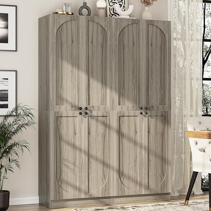 Cyclysio 80" Kitchen Pantry, Extra Tall Arch Storage Cabinet with 8 Soft Close Doors and Adjustable Shelves, Freestanding Wood Cupboard with Seamless Fit Wall for Dining Living Room Bathroom Furniture