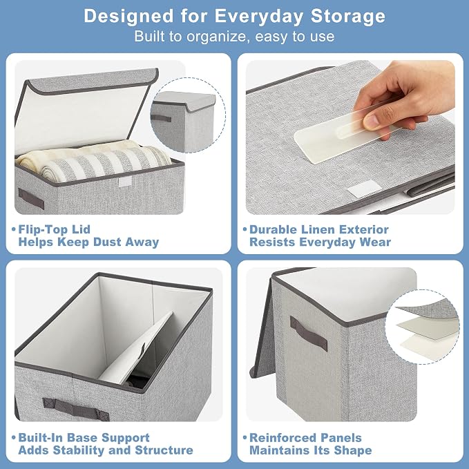 Bagnizer Linen Fabric Foldable Storage Cube Bin Organizer Basket with Flip-Top Lid & Handles, Large Clothes Blanket Box for Home, Office, Closet, Light Gray, 4 Pack 14.6 x 9.5 x 9.5”