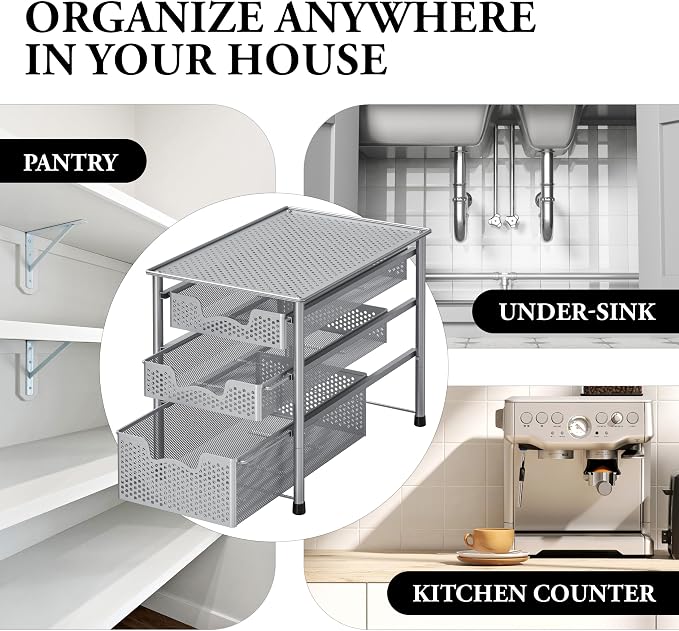 Simple Houseware Stackable 3 Tier Sliding Basket Organizer Drawer, Silver