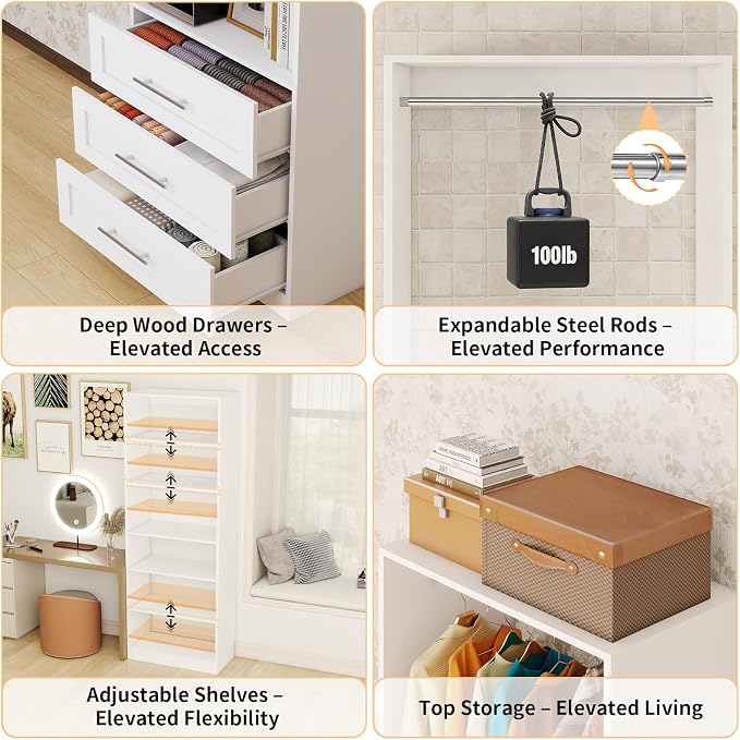 Closet System with 3 Sets, 6-15.8FT Custom Closet Organizer System with 6 Drawers & 8 Shelves & 5 Hanging Rods, Max 189"W Closet Shelving System, Walk in Closet Organizers and Storage System, White