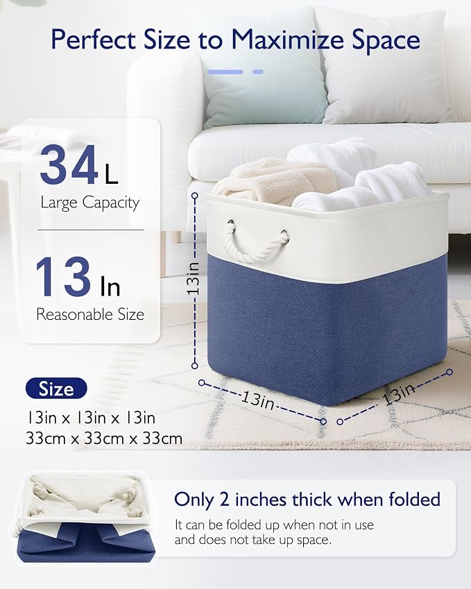 Patvingot 13-Inch Fabric Cube Storage Bins with Handles,4 Pack,Foldable | For cube shelves and closets,keeps grouped for everyday access,reinforced opening and fold-flat storage,white and blue