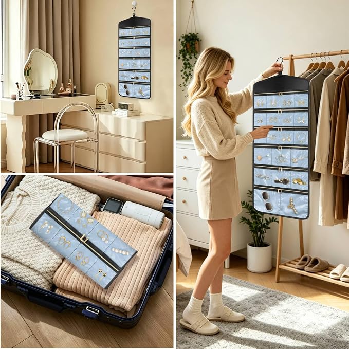 CHICECO Hanging Jewelry Organizer With Zippered Pockets,40 Pockets Travel Jewelry Organizer Storage for Cloest,Wall,Door (Blue)