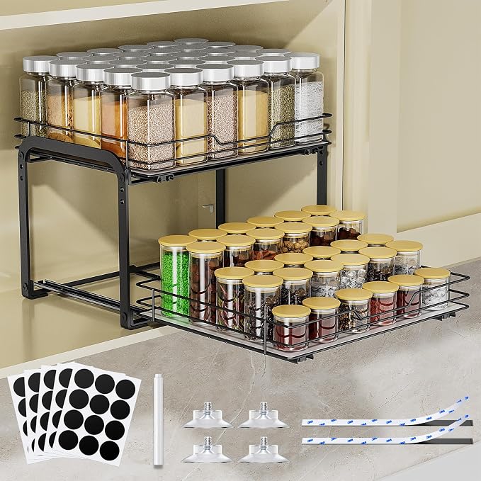 Pull Out Spice Rack Organizer for Cabinet, 2 Tier Spice Rack Organizer for Cabinet, Heavy Duty Slide Out Seasoning Kitchen Organizer, Hold 60 Spice Jar with Labels, 13.58''Wx10.5''Dx9.5''H, Black