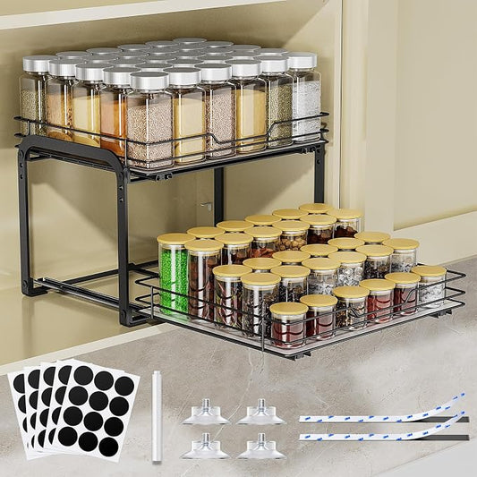 Pull Out Spice Rack Organizer for Cabinet, 2 Tier Spice Rack Organizer for Cabinet, Heavy Duty Slide Out Seasoning Kitchen Organizer, Hold 60 Spice Jar with Labels, 13.58''Wx10.5''Dx9.5''H, Black