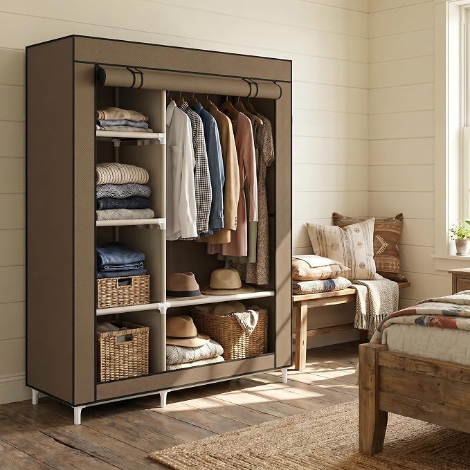Calmootey Portable Closet Organizer, Space-Saving Storage System for Home | Sturdy Rod for Coats, 6 Shelves for Folded Clothes, 4 Side Pockets for Small Items, Non-Woven Dustproof Cover, Brown