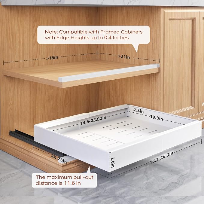 Seinloes 4 Pack Pull Out Cabinet Organizers 21" Deep With Raising Pad for Framed Cabinets, Expandable Width (15.2"-26.3") Slide Out Drawers Upgrade 3 Slide Rails, Roll Out Shelves Adhesive, White