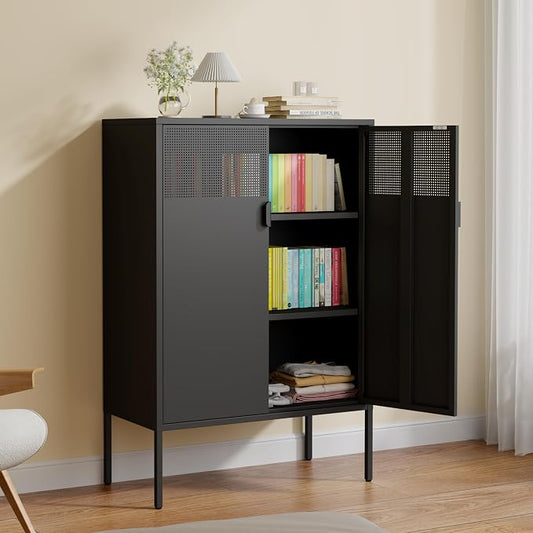 3-Tier Metal Storage Cabinet with 2 Adjustable Shelves & Mesh Doors | Metal Locker Accent Cabinet with Legs, Black Storage Cabinets, Metal TV Stand Cabinet for Home Office, Entryway & Hallway