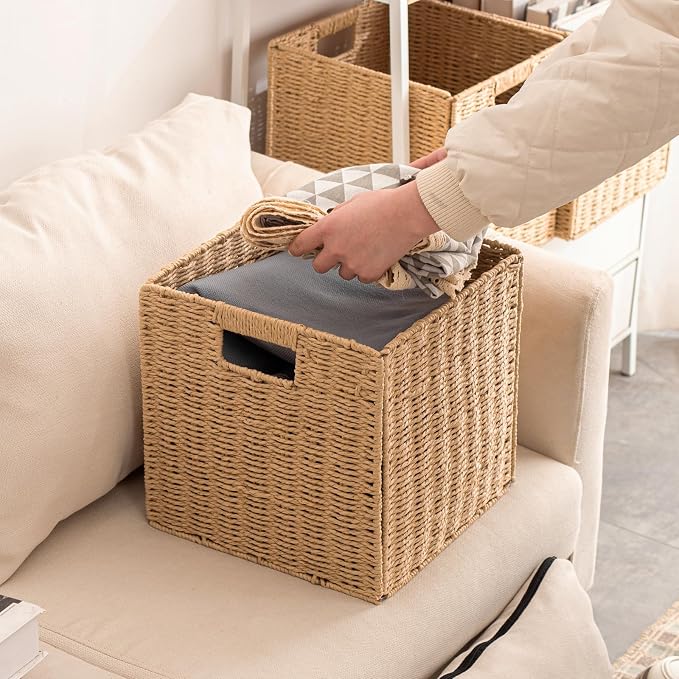 Foldable Storage Baskets with Handles Paper Rope Storage Baskets Rectangle Collapsible Hand Woven Storage Cubes Bins for Organizing Shelves Living Room Bedroom Pantry (4, 11'' x 11'' x 11'')