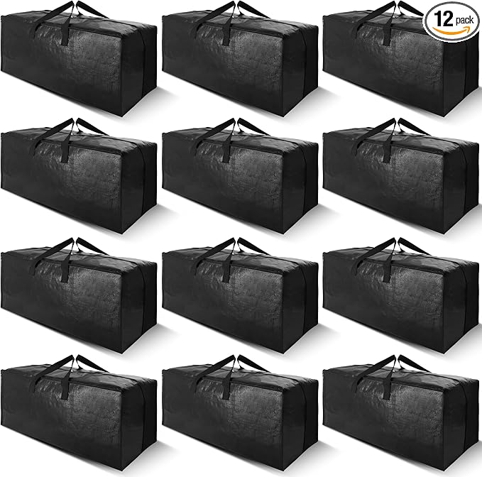 Cosy Family 12 Pack Heavy Duty Moving Bags with Backpack Straps - Strong Handles & Zippers, Storage Totes For Space Saving, Fold Flat, Alternative to Moving Box (X-Large-Set of 12, Black)