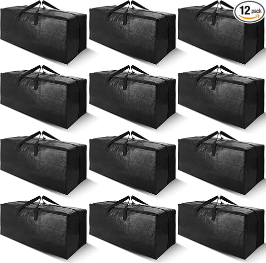 Cosy Family 12 Pack Heavy Duty Moving Bags with Backpack Straps - Strong Handles & Zippers, Storage Totes For Space Saving, Fold Flat, Alternative to Moving Box (X-Large-Set of 12, Black)