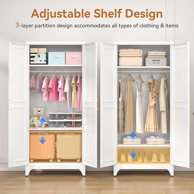 Polup 71" Metal Armoire Wardrobe Closet with Doors and Adjustable Shelves | Tall Freestanding Wardrobe Cabinet for Clothes, Heavy Duty, Hanging Rod, Bedroom, Office, School, Employee, Garage, White