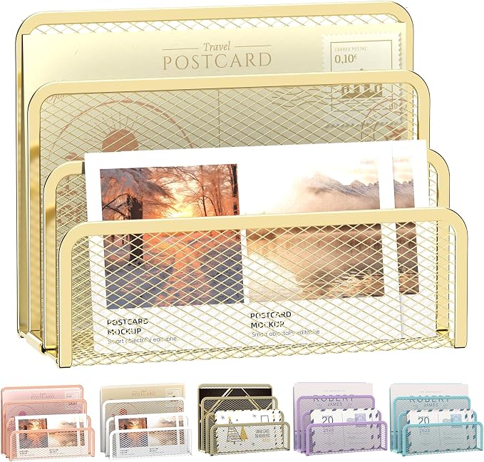 Mail Organizer Countertop for Desk, Mail File Holder with 3-Slot, Gold | Metal Mesh Mail Sorter for Letters, Envelopes, Bills, and Files for Home Offices, Classroom Organization