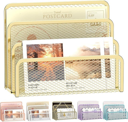 Mail Organizer Countertop for Desk, Mail File Holder with 3-Slot, Gold | Metal Mesh Mail Sorter for Letters, Envelopes, Bills, and Files for Home Offices, Classroom Organization