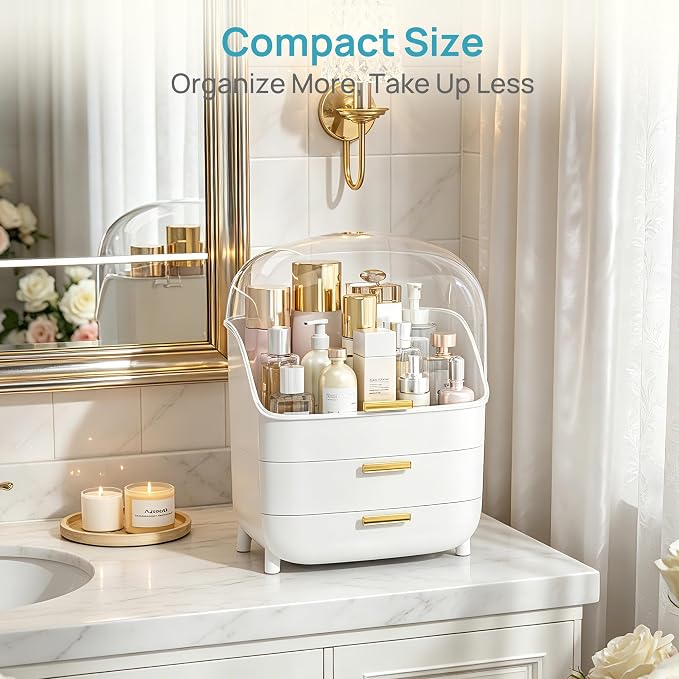 Vtopmart 3-Tier Skincare Makeup Organizer with Drawer and LId, White | With Drawers and Lid, For Vanity, Dresser and Bathroom Countertop, Large Cosmetic Storage Box Case, Non-Slip Base