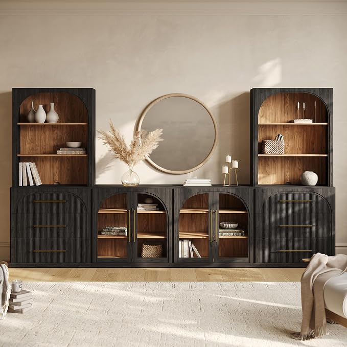 BELLEZE 6-Piece Modular TV Stand Set - 2 Sideboards with Drawers, 2 Arched Glass Door Sideboards, 2 Hutch Cabinets, Classic Modern Media Console with Adjustable Shelves for Living Room (Ebony)