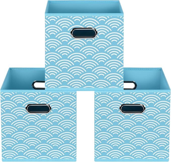 Fabric storage bins Cubes, Fabric Cube Organizer with Handle, Foldable Cube Bins for Cloth or Accessary Storage, 11x11x11, Set of 3, (Blue clouds)
