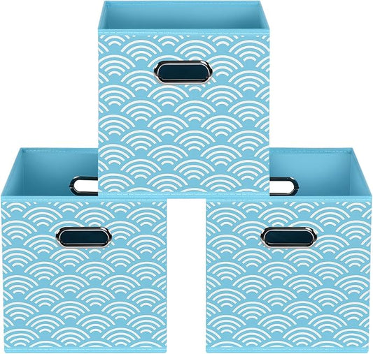 Fabric storage bins Cubes, Fabric Cube Organizer with Handle, Foldable Cube Bins for Cloth or Accessary Storage, 11x11x11, Set of 3, (Blue clouds)