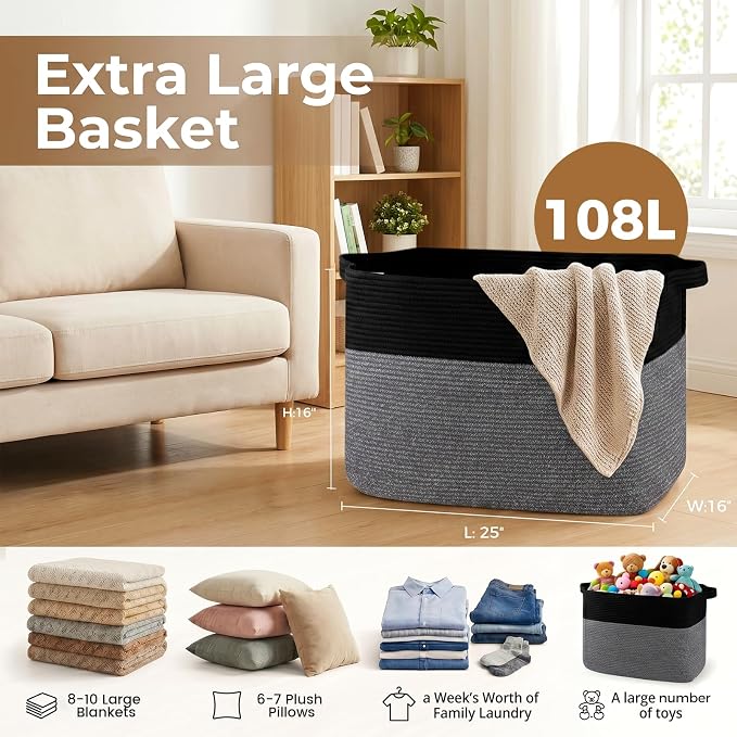 OIASKET 108L Cotton Rope Storage Basket for Living Room and Bedroom 25"x16"x16" Woven Laundry Basket, Heavy Duty Bin for Blankets, Pillows & Toys, Pet-Safe & Scratch-Free, Black