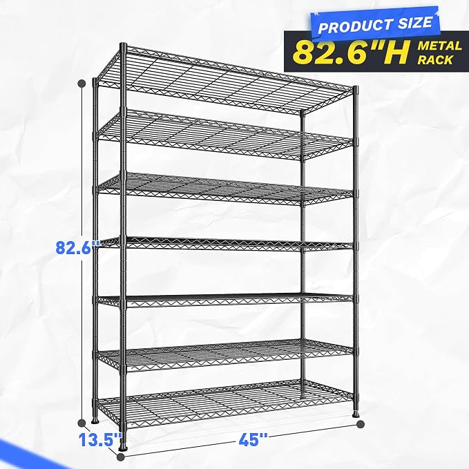 DurayLoly 82.6" H 7-Tier Metal Shelving Unit 1400LBS Adjustable Shelves | 45"W x 13.5"D, Commercial steel, Rustproof, Leveling feet, Tool-free assembly, For kitchen, pantry, garage, warehouse, retail