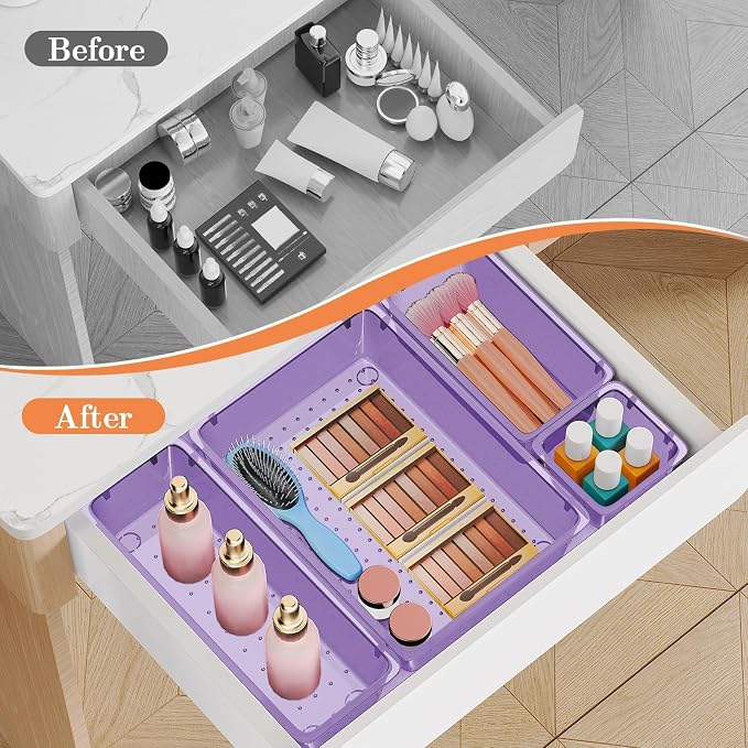 SpaceHacks 25 PCS Plastic Drawer Organizer Set, 4-Size Versatile Organizer Trays & storage Bins for Makeup, Jewelry, and Gadgets in Bathroom, Bedroom and Office,Clear Purple