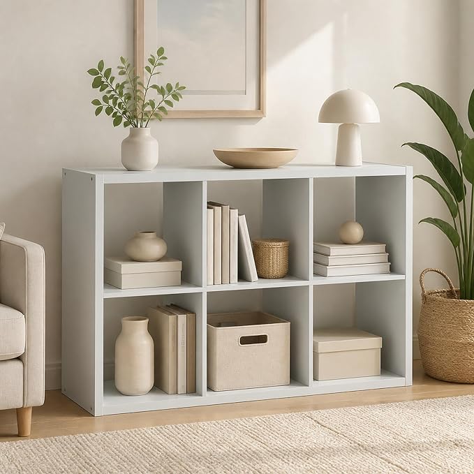 6-Cube Cubicle Bookshelf, Cube Bookcase with Open Back, Reversible Book Shelf, Cube Storage Organizer, 15 x 44 x 30, for Living Room, Home Office, Light Grey