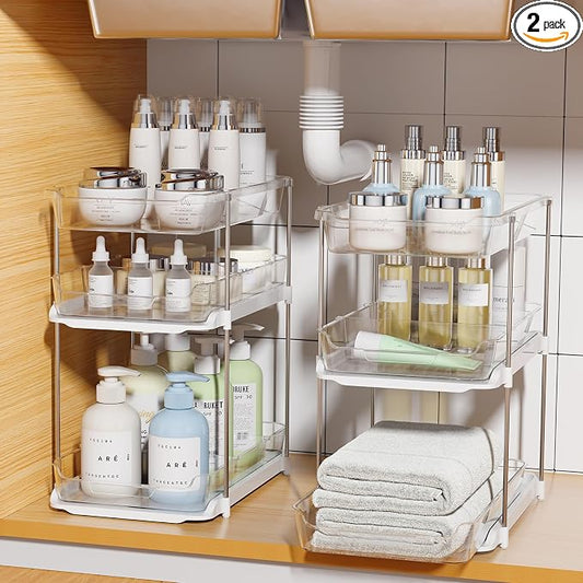 Delamu 2 Sets of 3-Tier Bathroom Under Sink Organizers and Storage, Multi-Purpose Stackable Pantry Organization and Storage, Pull Out Clear Kitchen Bathroom Cabinet Organizer with Movable Dividers | Storage