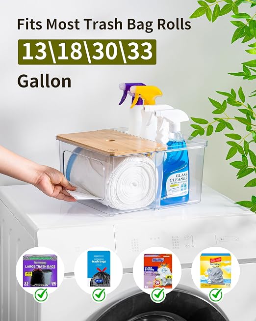 iCASA Trash Bag Dispenser Dishwasher Pods Container Under Sink Organizer | 5 in 1 Stackable Trash Bag Holder Garbage Bag Dispenser for 13/30/33 Gallon Bags, Clear Storage Bins Laundry Pods Container