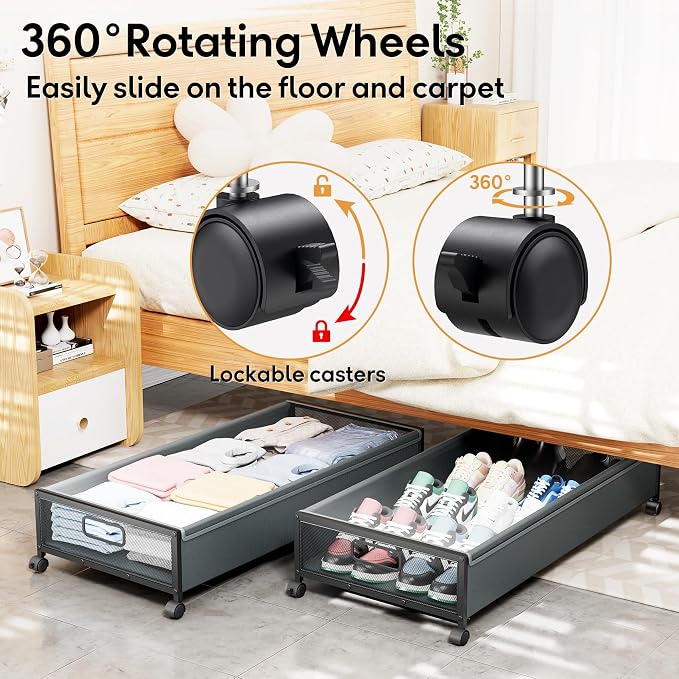 Under Bed Storage Containers with Wheels 2 Pack Underbed Shoe Storage Bedroom Storage Bins Organizer Large Capacity Under Bed Storage with Lid for Clothes Shoes Toys Blankets (Cyan-gray)