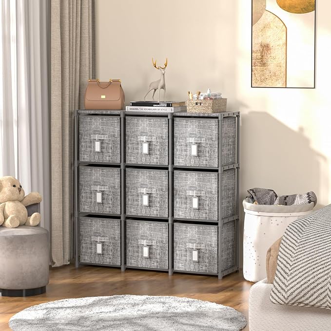 9 Cube Closet Organizer + 9 Bins + Labels | Adjustable Modular Storage Shelf, Beautiful Printed Cubby Organizer, Large Capacity, Living Room, Dorm, Yarn
