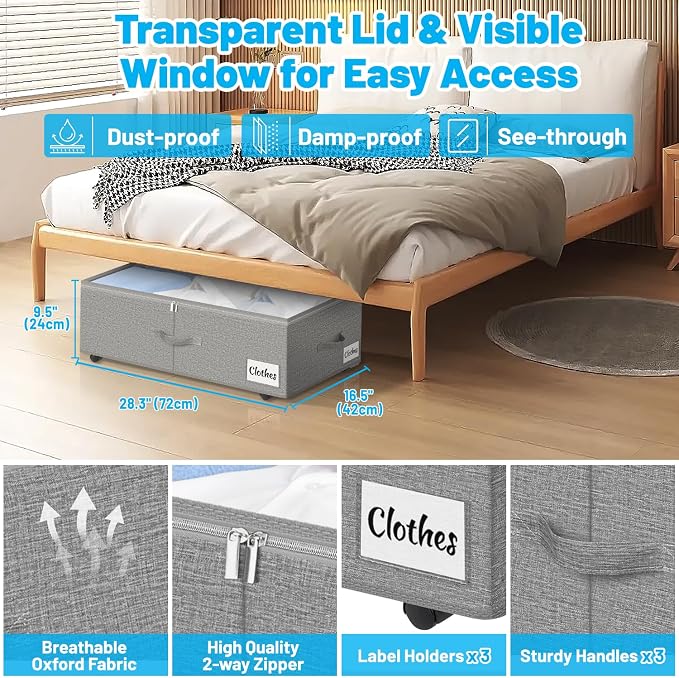 Under Bed Storage with Wheels, 3-Pack 10" Height XXL 75L Rolling Storage Bins, Quick Assembly Underbed Shoe Storage Containers with Clear Lid & Label, Dorm Under Bed Drawers for Clothes, Shoes, Grey