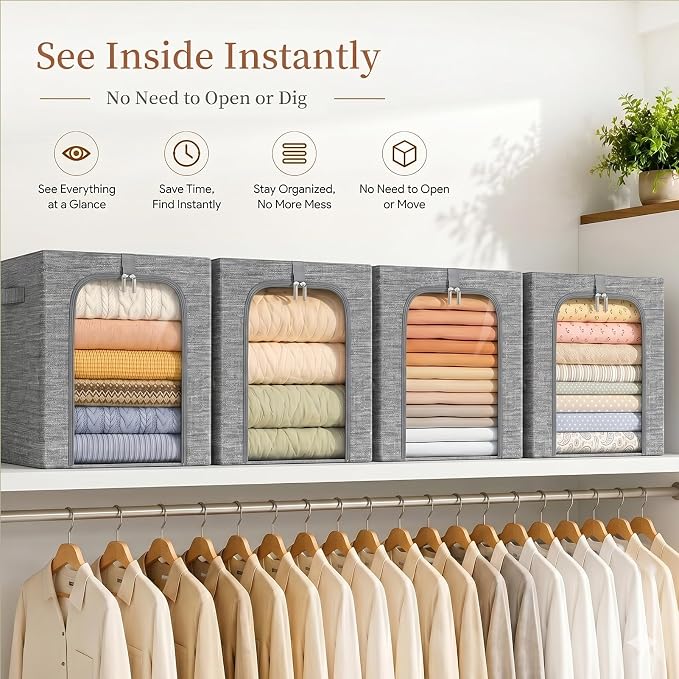 GoMaihe Clothes Storage Bins with Metal Frame for Closet, 40L 6-Pack Grey | Sweaters Hoodies Jeans T-Shirt, Closet Top Shelf Organizer, Steel Frame Collapse-Proof, Stackable, Clear Window, Dual Access