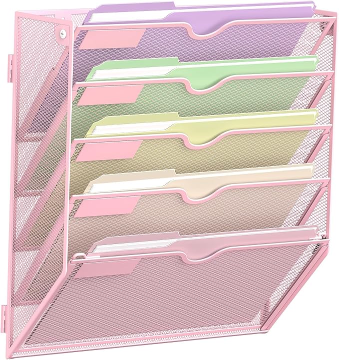 SUPEASY 5 Tier Wall File Organizer, Hanging Wall Mounted Mail Organizer with Label Slots, Metal Mesh File Holder Magazine Rack for Office, Home, School, Pink