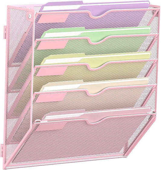 SUPEASY 5 Tier Wall File Organizer, Hanging Wall Mounted Mail Organizer with Label Slots, Metal Mesh File Holder Magazine Rack for Office, Home, School, Pink