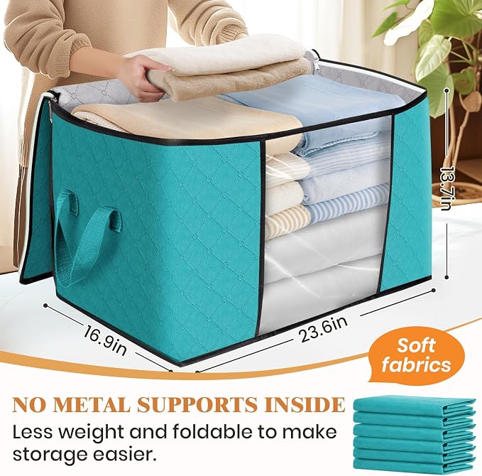Fab totes 24 Gallons Clothes Storage, Foldable Thick Fabric Blanket Storage Bags, Containers for Organizing Bedroom, Closet, Clothing, Comforter, Organization with Handle (10 Pack,Green)