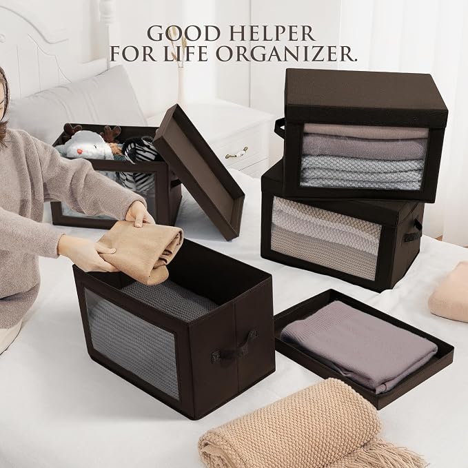 Homsorout Stackable Storage Bins with Lids - Medium Storage Box with Lids, Foldable Closet Boxes for Organizing, Wardrobe Clothes Organizer with Window, Cubes Bins for Living Room, 5 Pack, Brown