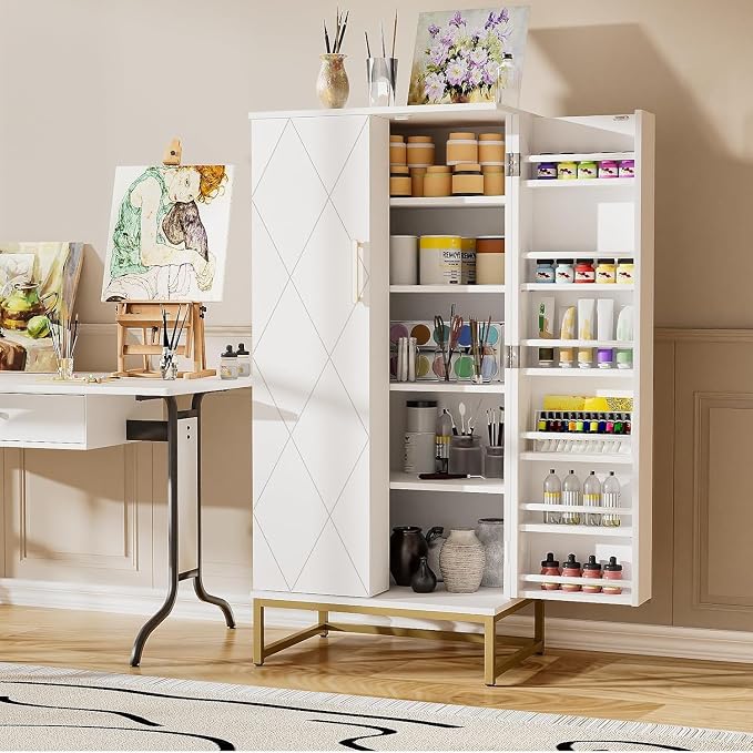 kepptory 51” Kitchen Pantry Storage Cabinet with Diamond Design, White Freestanding Pantry Cabinets with Golden Base and Handles, Buffet Cupboards Cabinet with 6 Adjustable and Large Storage Space