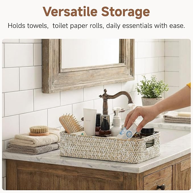 StorageWorks Wicker Toilet Paper Basket for Back of Toilet, Wipe White | Wicker Seagrass Bathroom Basket Organizer and Storage for Tank Topper, Small Tank Trays for Decor with Built-in Handles