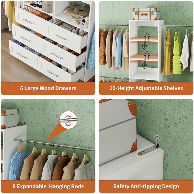 Closet System with 6 Drawers, 5-14FT Custom Closet Organizer System with 8 Expandable Hanging Rods&Adjustable Shelves, Modular Wood Closet Systems Tower for Walk in Closet Storage, 2 Sets, White