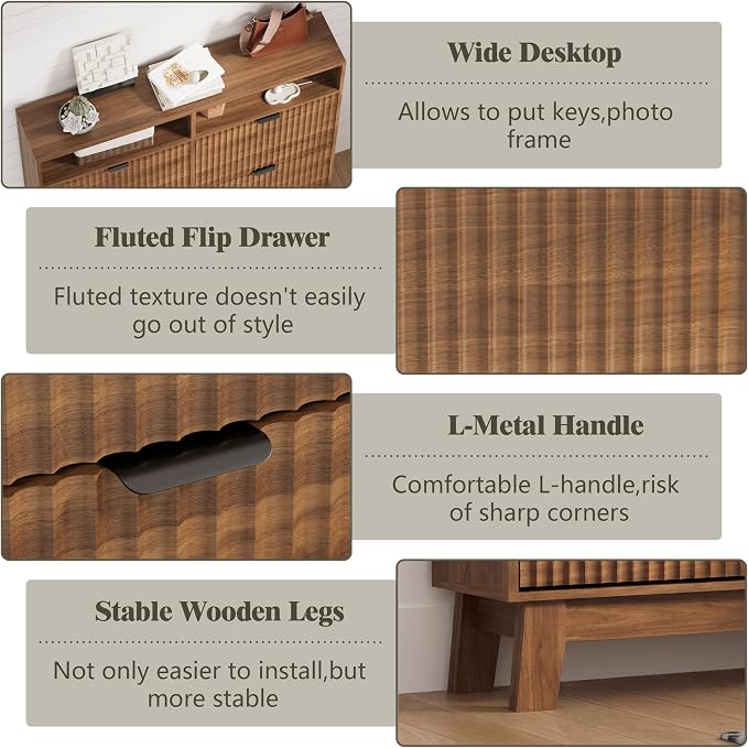 Shoe Cabinet Storage for Entryway with 4 Flip Drawers, Fluted Narrow Shoe Organizer with Wooden Legs & Top Cubby, Freestanding Slim Shoe Storage Hidden Shoe Rack for Front Door Entrance, Walnut