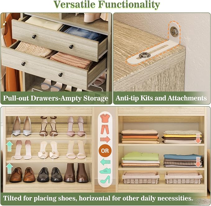 Besiost Closet System, Up to 134"/11.2 FT Closet Organizer with 4 Wooden Drawers and Shelves, Walk-in Closet System with 6 Hanging Rods, Built-in Closet Can Fit 96"/8FT, 120"/10FT, Greige Oak Set 2